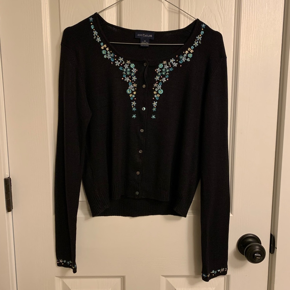 Ann Taylor Black Cardigan with Blue and White Floral Embroidery Trim